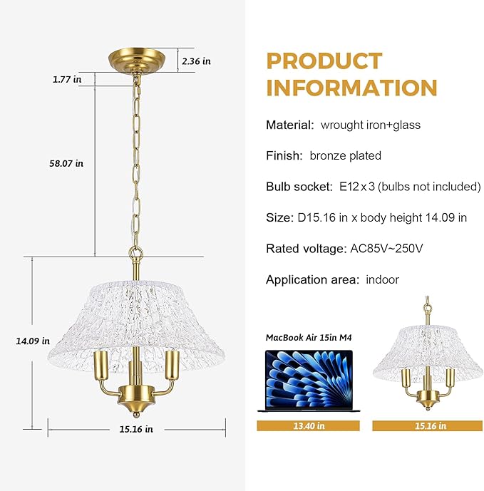 Modern Large Brass Gold Clear Glass Pendant Light Fixture 15.08 Inch Bronze Hanging Lamp for Kitchen Island Ceiling Dining Table Foyer Hallway Entry E12 Base,UL Socket Hardwired Lampara