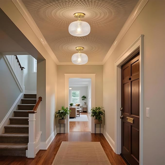Modern Prismatic Globe Ceiling Light,Vintage Glass Flush Mount Light Fixture with Brass Gold Base Hallway Ceiling Lighting for Bedroom,Foyer,Kitchen,Laundry Room,Entryway,9.84 Inch,E26 1-Light