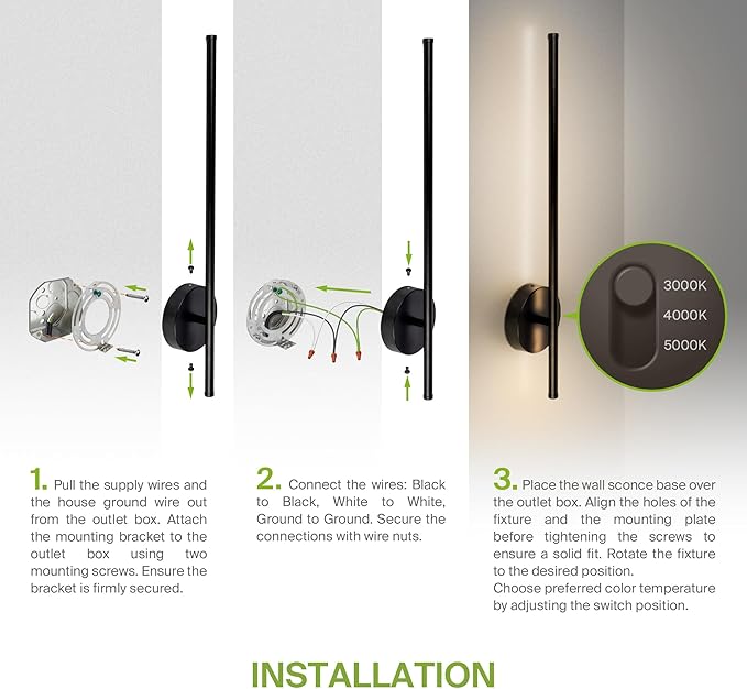 ASD LED 24" Linear Tube Wall Sconce, Modern Bathroom Light Bar | 3CCT, 360° Rotatable, Dimmable, ETL Listed | 8W 420LM 3000-5000K 100-277V | Bedroom, Hallway Vanity Lighting | Black, 2 Pack
