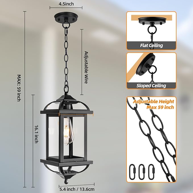 Large Outdoor Pendant Light Fixture Ceiling 16 Inch, Anti-Rust Aluminum Outdoor Chandelier for Porch with IP65 Waterproof Clear Glass Exterior Ceiling Mount Hanging Light, Matte Black