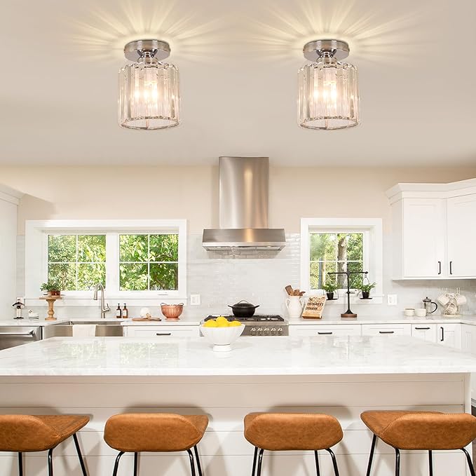 FRIXCHUR Small Chandelier Crystal Ceiling Light Semi Flush Mount Ceiling Lighting Fixture Modern Crystal Ceiling Light for Hallway Kitchen Island Dining Room Bedroom E26 Base Chrome
