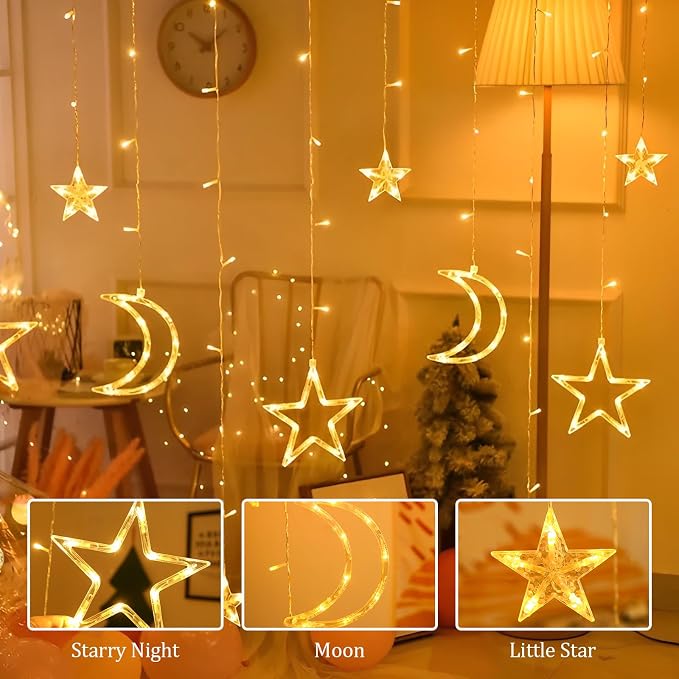 Lemical Star Moon Curtain Lights 11.5ft Battery Powered Remote Control LED Fairy Light Strings,8 Flashing Modes Waterproof Decorative Lights for Christmas, Party, Bedroom Decorations(Warm White)