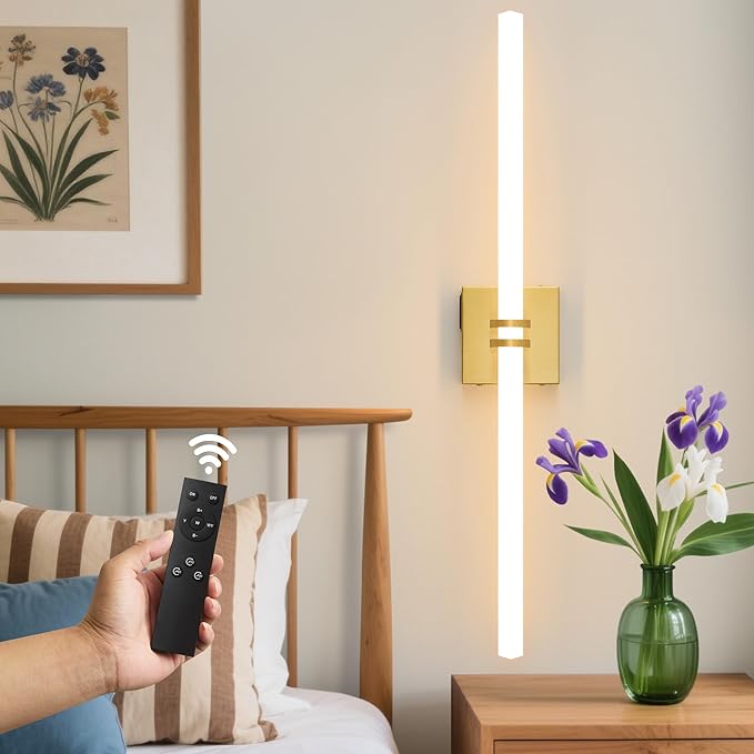 Battery Operated Wall Sconce 1Pack, Gold Rechargeable Wall Lights with Dimmable Remote Control, 30 Inch 3000K-6000K LED Wireless Wall Lamps for Bedroom, Hallway, Background Wall