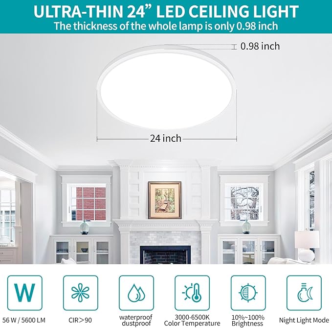 24 Inch Led Flush Mount Ceiling Light Fixture, Ultra Thin, Dimmable with Remote Control, 56W, 5600 Lumen, Modern, Round, White, for Kitchen, Dining Room, Bedroom, Living Room, Home Office