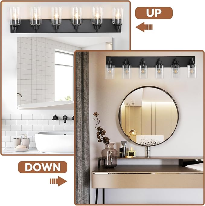 LOUSACE 6 Light Bathroom Vanity Light, Matte Black Bathroom Light Fixtures Over Mirror, Modern Bathroom Lighting with Clear Glass Shade, Black Farmhouse Wall Sconces Lighting Fixture