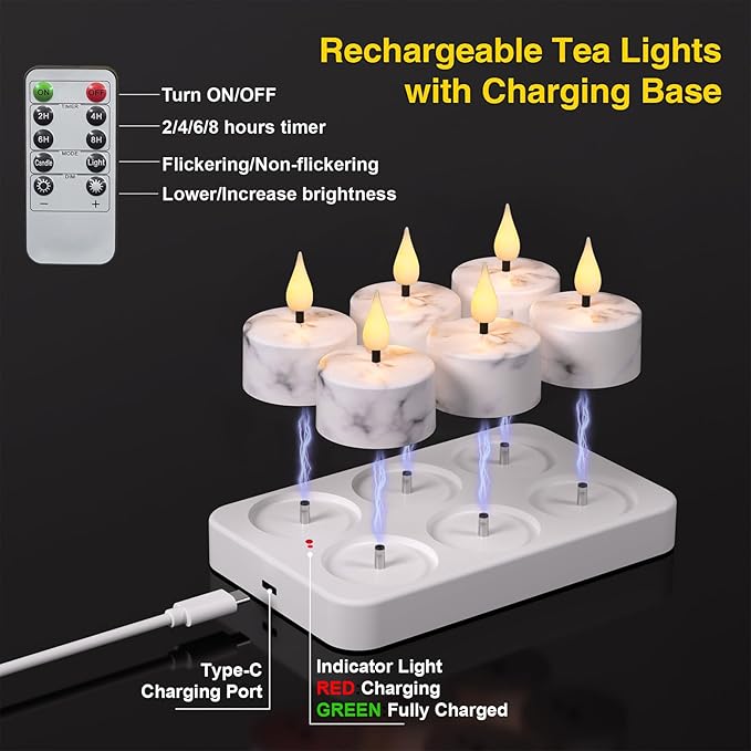 Flameless Tea Lights Candles with Charging Station,White Marble Pattern,LED Tea Lights Candles with Remote Control Timer for Valentine's Day,Centerpiece Table Decorations,Anniversary,Home Decor,6-Pack