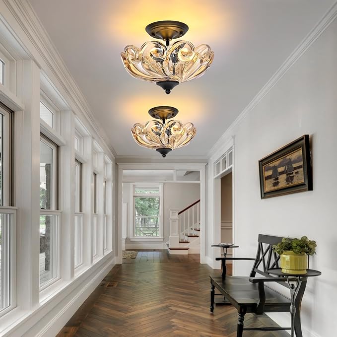 HuixuTe Modern Semi Flush Mount Ceiling Light, 3-Light Black Close to Ceiling Light Fixture with Amber Glass Shade for Bedroom Living Room Entryway