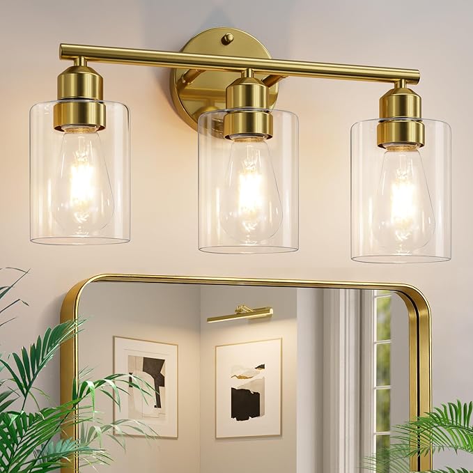 17.3'' Bathroom Gold Vanity Light Fixtures, Modern Wall Lamp for Mirror with Clear Glass Shade, 3-Light