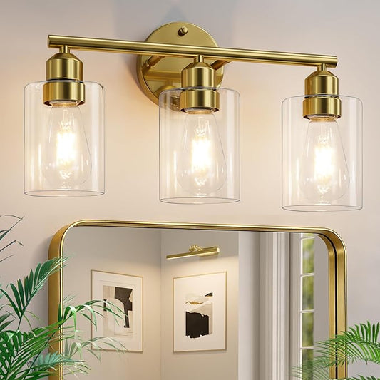 17.3'' Bathroom Gold Vanity Light Fixtures, Modern Wall Lamp for Mirror with Clear Glass Shade, 3-Light