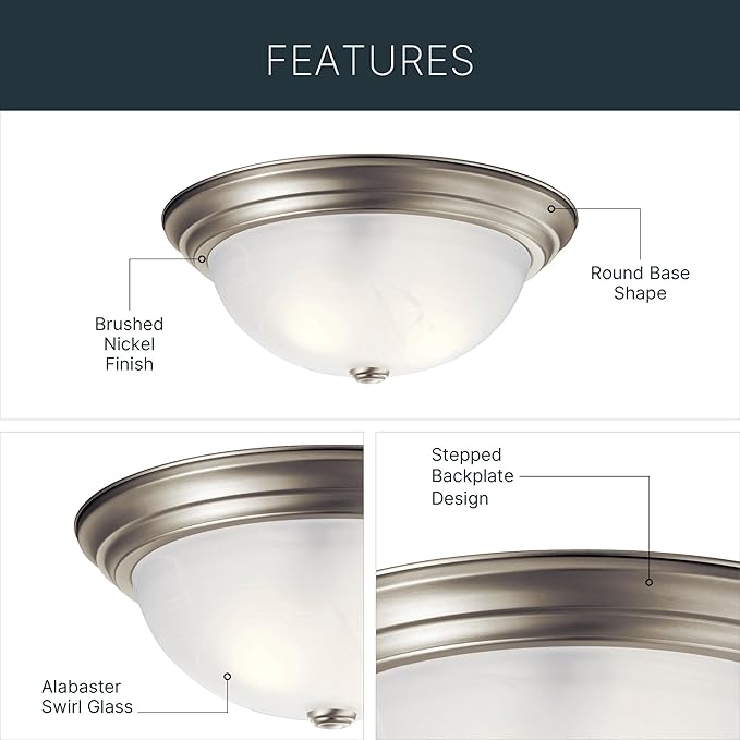 Kichler 15.25" Flush Mount Ceiling Light in Brushed Nickel, 3-Light Fixture with Clear Satin Etched Glass, Brushed Nickel, (15.25" x 6"), 8110NI