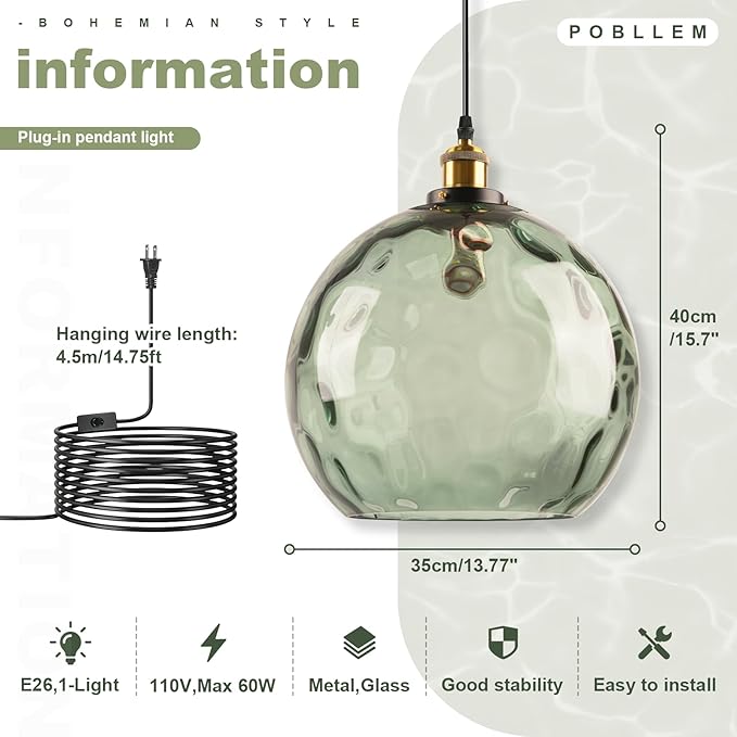 Plug in Vintage Pendant Light Green Glass Boho Hanging Swag Lamp with 13.8-inch Hammered Glass Globe Large Plug in Light Fixture Ceiling Hanging for Kitchen Dining Room Living Room