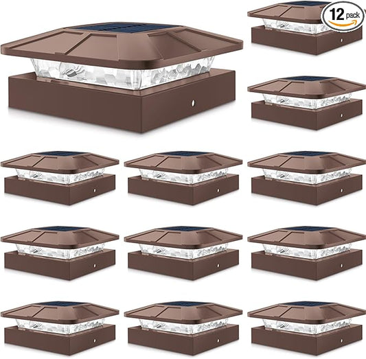 Peasur 12 Packs 4x4 Solar Post Cap Lights with 3 Lighting Modes, Brown Fence Caps Light Fits 4×4/3.5×3.5 Wood/Vinyl Posts, Waterproof Outdoor Post Top Lighting for Deck Mailbox Porch Railing