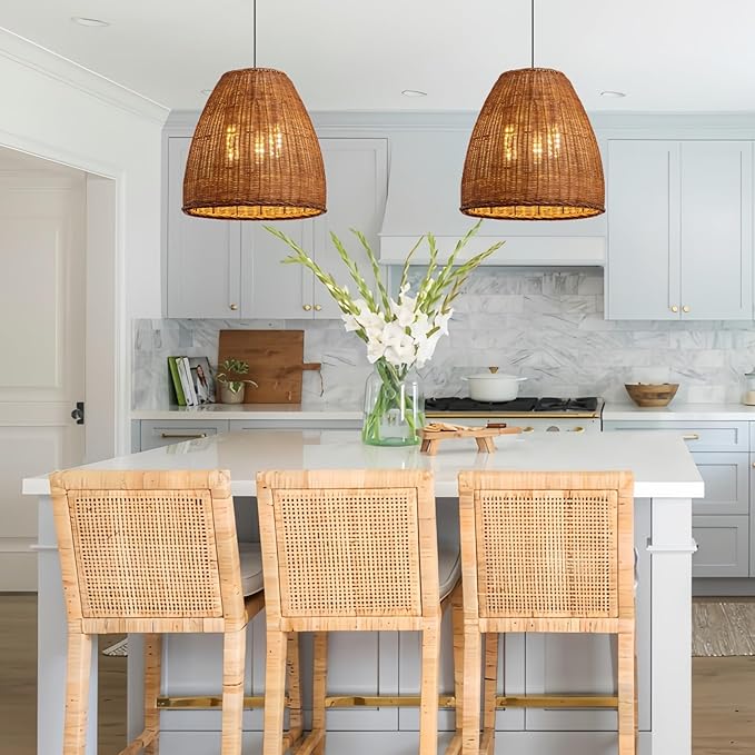 Farmhouse Rattan Chandelier 16.6" 3-Lights Boho Hand Woven Pendant Lights Wicker Dining Room Light Coastal Hanging Lighting Fixtures for Living Room Bedroom Kitchen Sink Restaurant Entryway Foyer