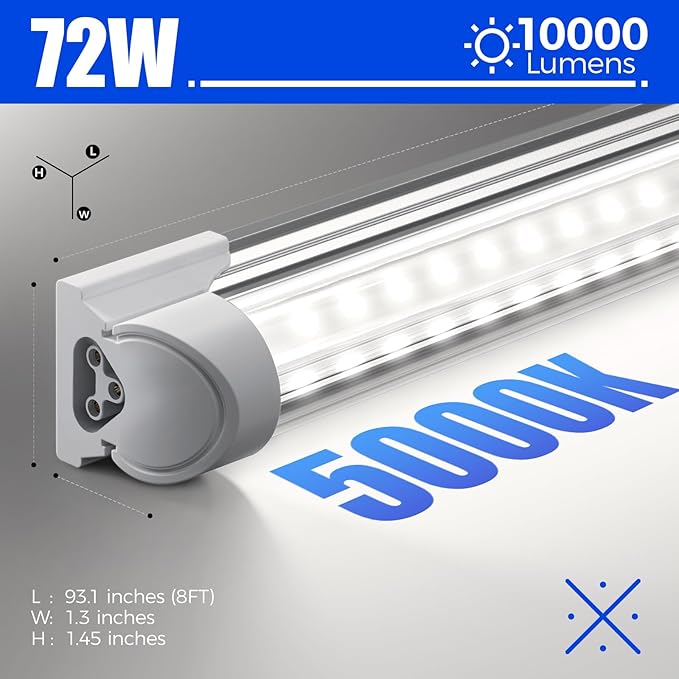 Barrina 8FT LED Shop Lights, 72W 10000LM 5000K, Daylight White, V Shape, Clear Cover, Hight Output, Linkable, T8 LED Tube Lights for Garage 8 Foot with Plug, 4 Packs