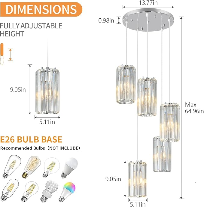 Chrome Pendant Lighting Modern Pendant Light, Mini Crystal Chandeliers,Adjustable Pendant Light Fixture for Kitchen Island Dinning Room Corridor Bedroom(Chrome 5-Light)