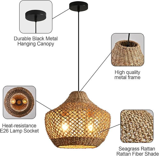 15.4" Rattan Pendant Light Fixtures,Boho Water Plants Pendant Light,2-Light Hand Woven Seagrass Chandelier for Workplace Occasions Restaurants Dining Living Bedroom Kitchen Farmhouse