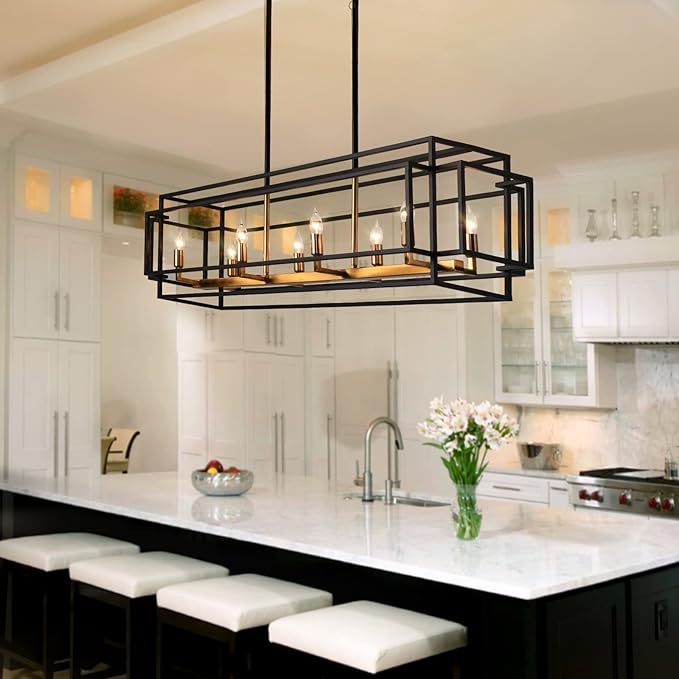 8-Light Kitchen Island Lighting, Black and Gold Rectangle Chandeliers for Dining Room, Metal Farmhouse Dining Room Light Fixtures Over Table, Linear Chandelier with Brushed Brass Socket