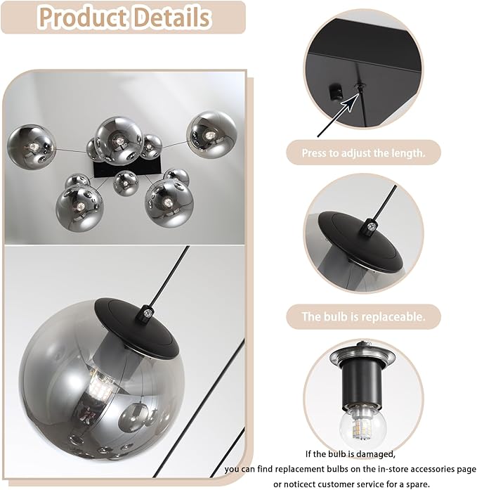 ykolupty Kitchen Island Lighting Modern 4 Lights Linear Chandeliers for Dining Room, Smoke Gray Glass Globe Pendant Light Fixtures