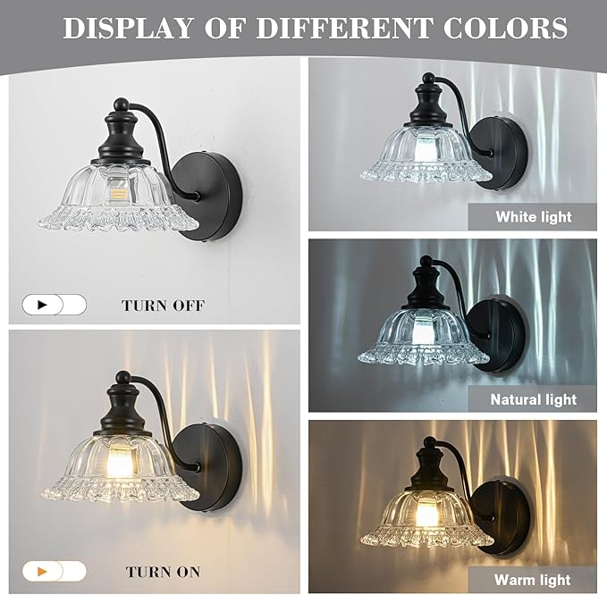 Vintage Wall Sconce Light, Matte Black Bathroom Sconces Wall Lighting, Antique Wall Light Fixture with Clear Flower Glass Shades, Indoor Wall Sconces for Living Room Bedroom, 1-Light Wall Lamp