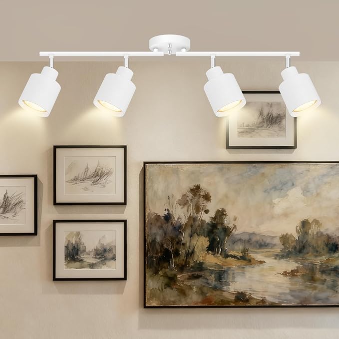4-Light Led Track Lighting,White Ceiling Lighting Fixtures,Wall Sconces Ceiling Spotlight with Foldable Light Arms for Kitchen, Closet, Bedroom,GU10 Socket, Bulbs Not Included