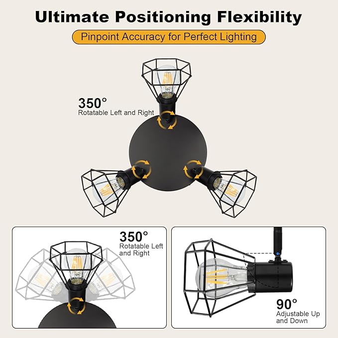 HiBay LED Track Lighting Fixtures, 3-Light Adjustable Directional Ceiling Light, Black Geometric Metal Cage Industrial Spotlight Indoor for Kitchen, Dining, Bedroom, E26 Base (Bulbs Not Included)