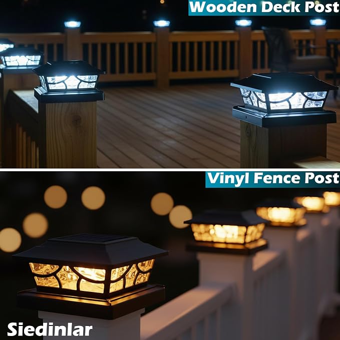 SIEDiNLAR Solar Post Lights Outdoor 4 Modes Deck Fence Post Cap Light for 4x4 5x5 6x6 Vinyl Wooden Posts Patio Garden Decor, Warm White & Cool White Dynamic Lighting Black (6 Pack)