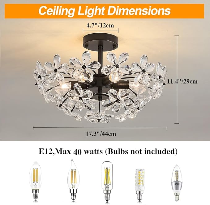 Crystal Chandelier Modern Ceiling Light Semi Flush Mount Lighting Fixture Glass Chandelier for Living Room,Kitchen, Hallway,Dining Room (Black)