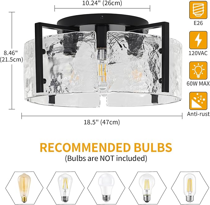 18.5'' Modern Black Semi Flush Mount Ceiling Light, Entryway Light Fixture, 4-Light Glass Ceiling Lights for Hallway Foyer Kitchen Island Dining Room Bedroom Living Room Bathroom Lighting Fixtures