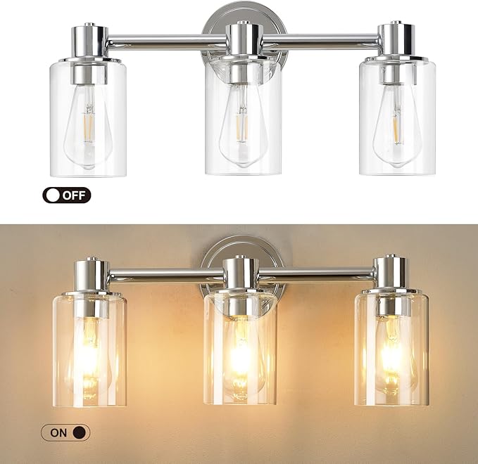3 Light Bathroom Wall Light Fixtures Chrome Bathroom Wall Sconce with Clear Glass Lights Over Mirror Vanity Lights E26 Base