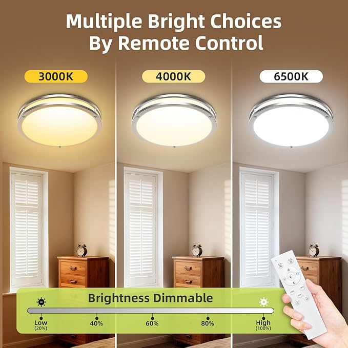 hepside LED Ceiling Light with Remote, 3000K-6500K Adjustable& Dimmable Flush Mount Ceiling Light Fixture, Timer, Night light, 10 inch Brushed Nickel Ceiling Light for Kitchen Bathroom Bedroom Hallway