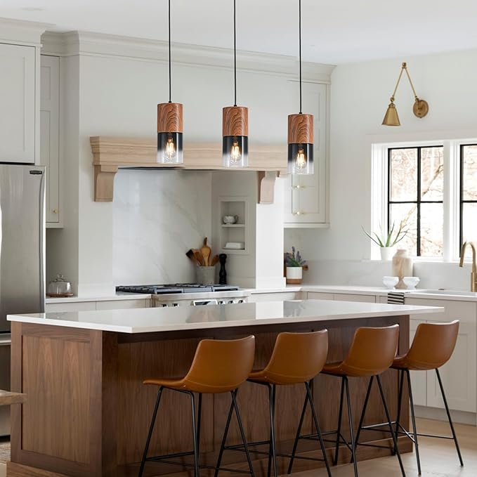 Modern Pendant Lights for Kitchen Island, Adjustable Black Pendant Light Fixtures with Brown Wood Grain, Industrial Glass Pendant Lights for Dining Table Hallway Bedroom Living Room,1 Pack