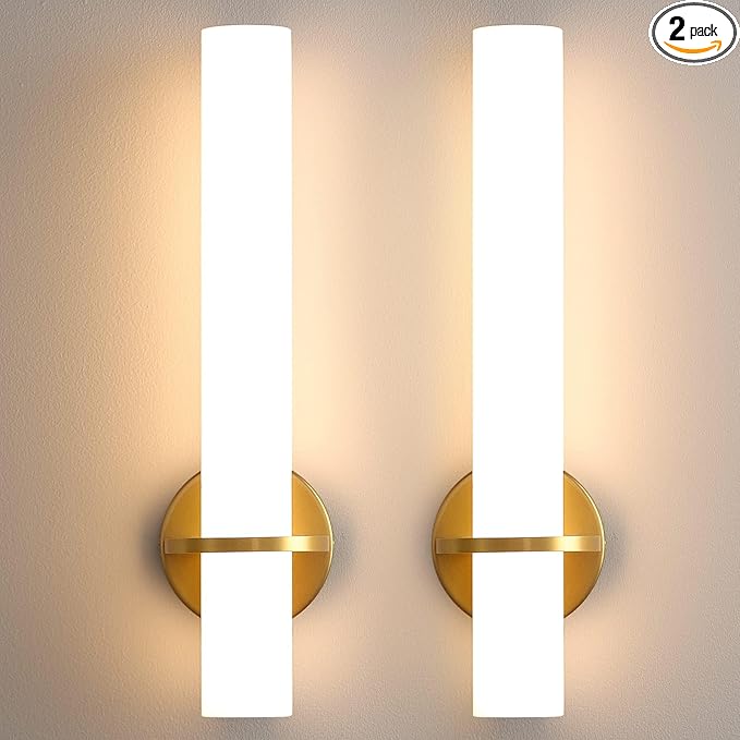 AIJIASI Gold Bathroom Wall Sconces Set of 2: 18 Inch Modern Sconces Wall Lighting 18W LED Dimmable Wall Light with Acrylic Lampshade, Brushed Gold Sconces for Bedroom Living Room Hallway (Hardwired)