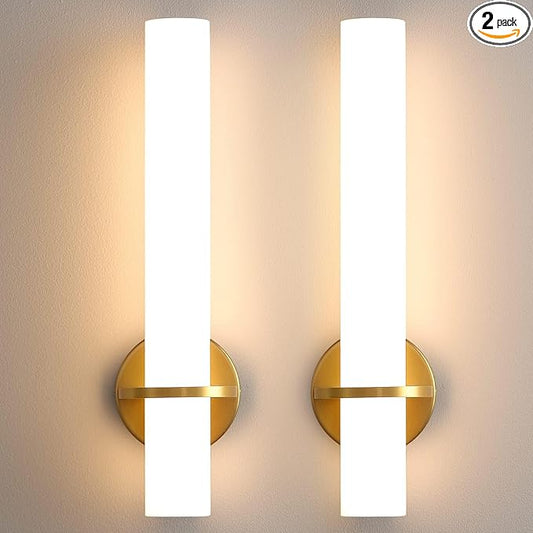 AIJIASI Gold Bathroom Wall Sconces Set of 2: 18 Inch Modern Sconces Wall Lighting 18W LED Dimmable Wall Light with Acrylic Lampshade, Brushed Gold Sconces for Bedroom Living Room Hallway (Hardwired)