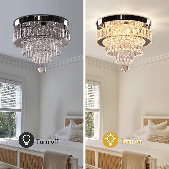 Finktonglan 11.8" Crystal Chandeliers, Modern Crystal Ceiling Light LED Small Chandeliers Semi Flush Mount Chandelier Room Light for Bedrooms Living Room Hallway (2700K Warm Light)