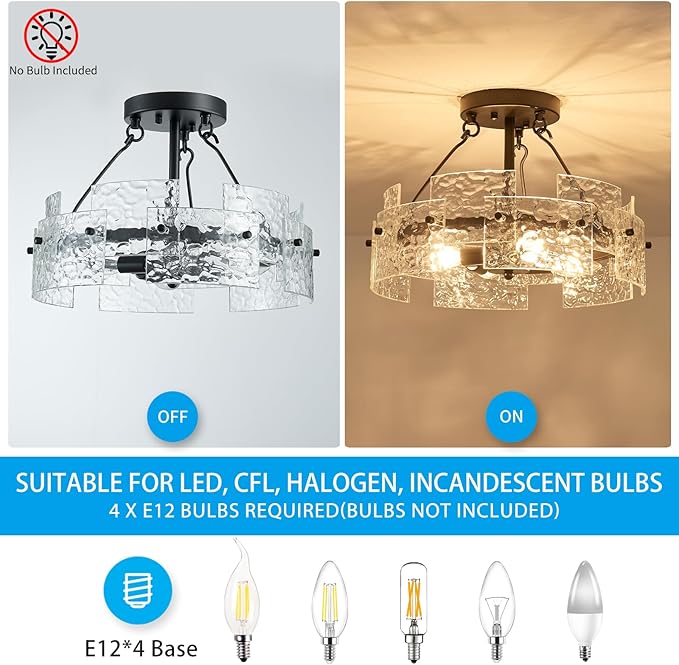 XINGQI Black Ceiling 4-Light Modern Farmhouse Water Ripple Glass Ceiling Lighting Fixture 15.7" Drum Ceiling Lights for Bedroom Dining Room Living Room Hallway Entryway