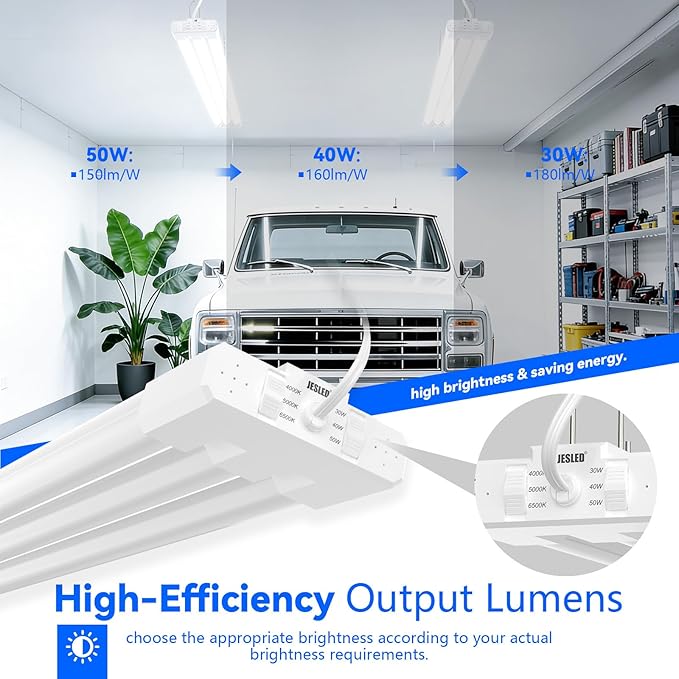 JESLED 4FT LED Shop Lights, 3CCT Selectable 4000K/5000K/6500K, Adjustable 30W/40W/50W, 7500LM(300W Eqv), Linkable Utility LED Light for Garage, Plug & Play, Ceiling or Hanging Mount, ETL, 2-Pack