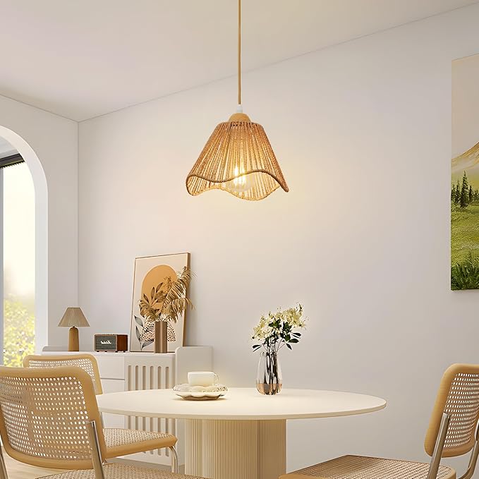 3 Pack Wave Rattan Chandelier Pendant Lights Kitchen Island,Farmhouse Boho Chandeliers Adjustable Height Hanging lamp for Dining Room,Kitchen Ceiling Light Fixtures Hand Woven Wicker Lampshade