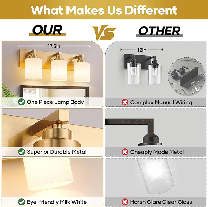 Bathroom Vanity Light Fixture, 3-Light Brushed Gold Bathroom Light Fixtures Over Mirror with Milky White Glass Shades, Modern Vanity Lights for Bathroom Living Room Hallway (Bulbs Not Included)