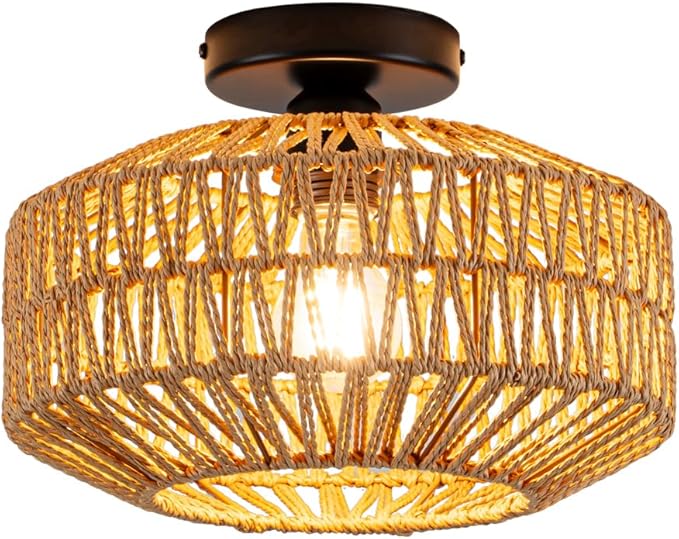Rattan Boho Ceiling Light Fixture,Bohemian Woven Flush Mount Ceiling Light, Boho Chandelier Light Fixture Flush Mount for Hallway, Bedroom, Kitchen, Living Room, Entryway E26 1 Light