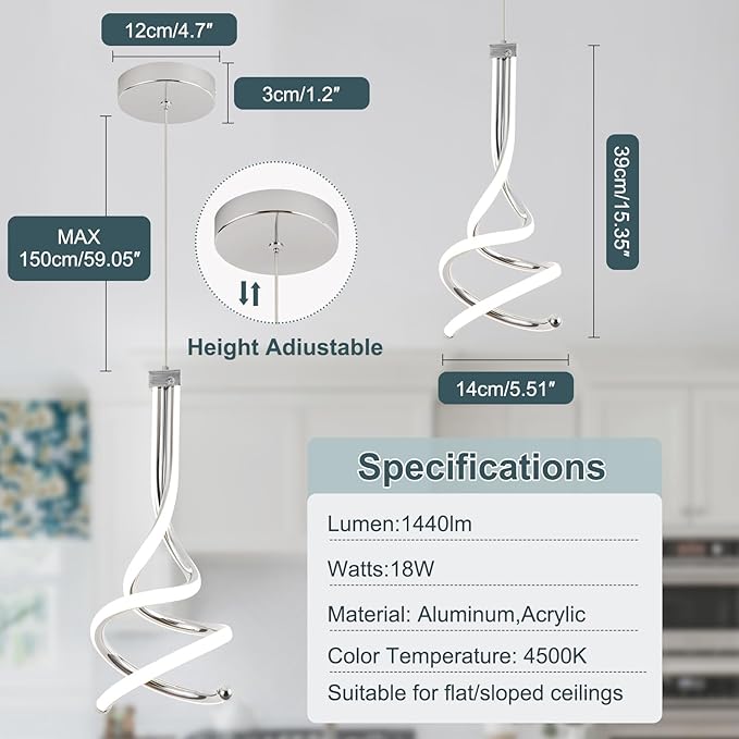 EIDISUNY Modern Pendant Light, Spiral LED Pendant Light Fixture, 4500K LED Hanging Lamp, Chrome Chandelier Lights Fixture, 20W Adjustable Pendant Light for Kitchen Island, Dining Room, Bedroom,1 Pack