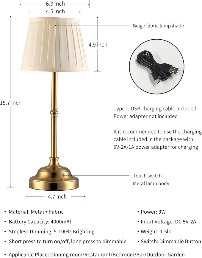 KDG Portables Cordless Table Lamp, Fabric Shade Desk Lamp, 4000mAh Rechargeable Battery Powered Lighting, Dimmable Light for Dining Room, Bedroom, Bedside, Bar, Night Light, Camping, Balcony (Gold)