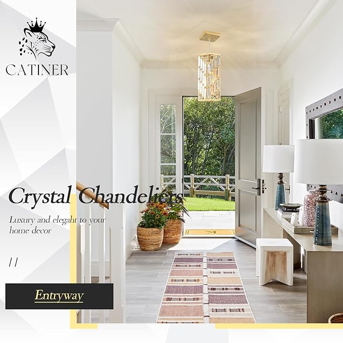 CATINER Gold Crystal Pendant Light, Mini Hanging Pendant Lighting Fixture with Adjustable Cord, Modern Luxury Pendant Light for Kitchen Island, Dining Room, Bedroom, Hallway, E26 Base (1 Pack)