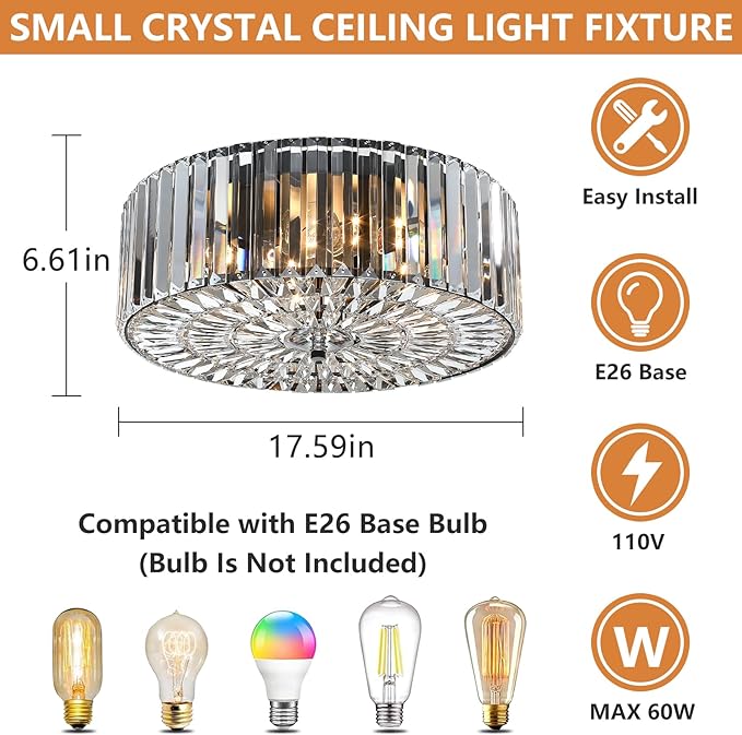 Large Crystal Ceiling Light, 17.5" Black K9 Crystal Flush Mount Ceiling Light, 4-Light Round Luxury Light Fixture for Dining Room, Bedroom, Hotel, Living Room, XDD007-4-BK
