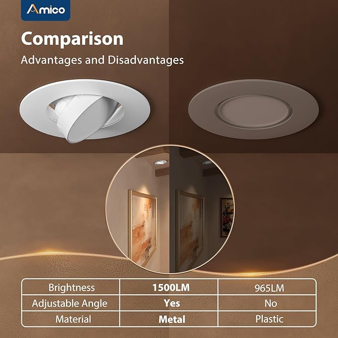Amico 5/6 Inch Retrofit Eyeball Gimbal Can Lights 6 Pack, Metal Trim, 5CCT LED Recessed Lights Directional Angled Trim Adjustable Ceiling Downlight, 16W=150W, 1500 LM- ETL&FCC