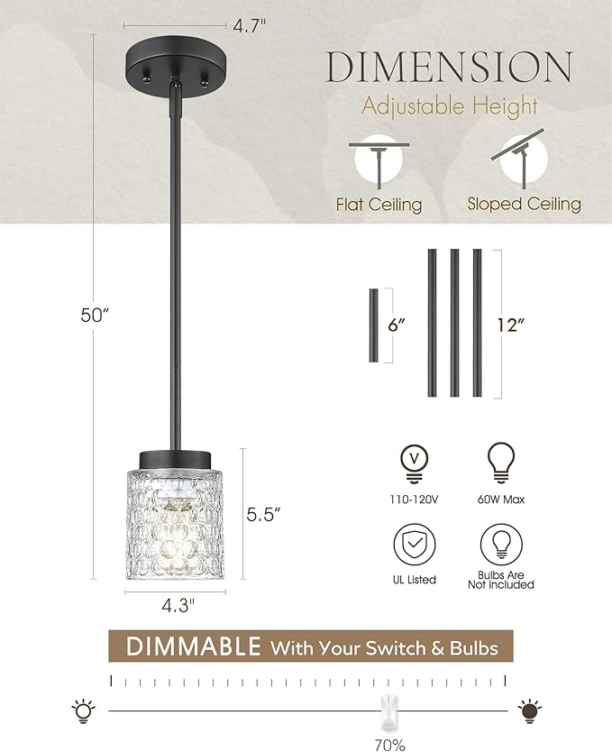 FEMILA 4" Black Pendant Light, Hammered Glass Chandelier, Dining Room Light Fixtures Over Table, 4FY86MIL-3PK BK