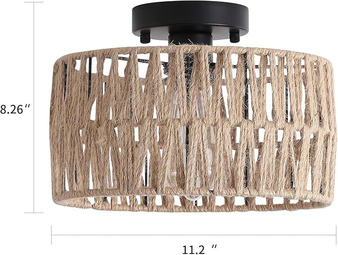 Coastal Woven Flush Mount Ceiling Light Fixture Rustic Industrial Hemp Rope Semi Flush Mount Ceiling Light for Hallway Bedroom Farmhouse Kitchen Entryway Hall, Black