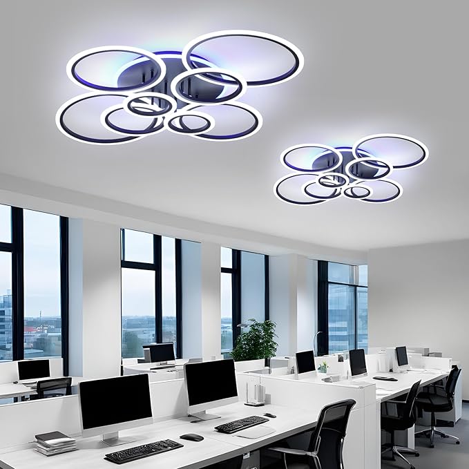 Modern LED Ceiling Light,41.3'' Dimmable Flush Mount Ceiling Lights with Remote,Acrylic Round Ceiling Lighting Fixture for Living Room Dining Room Bedroom Kitchen(Black,8 Rings,80W)