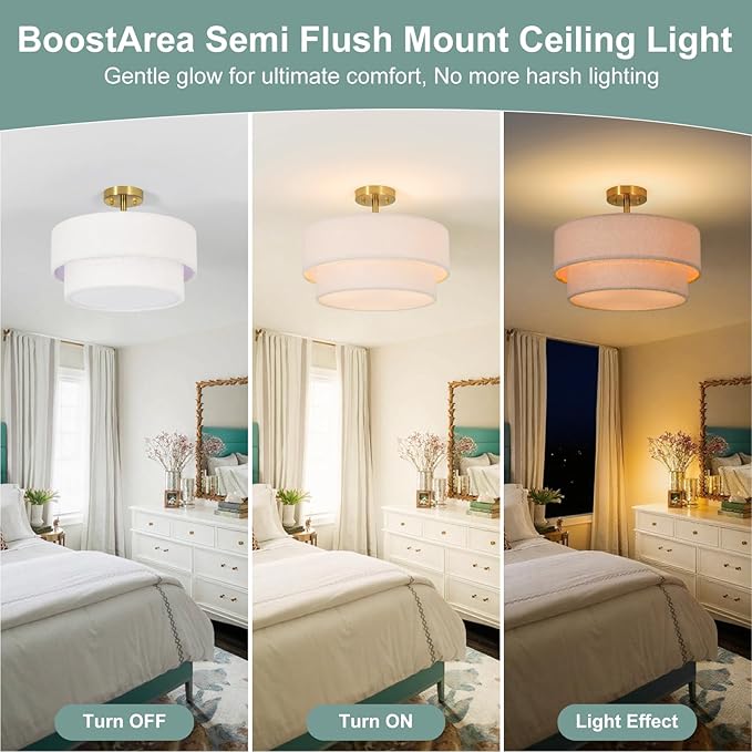 16.5'' Semi Flush Mount Ceiling Light, 3-Light Gold Ceiling Light Fixture with 2-Layer White Plush Shade, Farmhouse Drum Close to Ceiling Light for Living Room, Hallway, Bedroom, Kitchen, Dining Room
