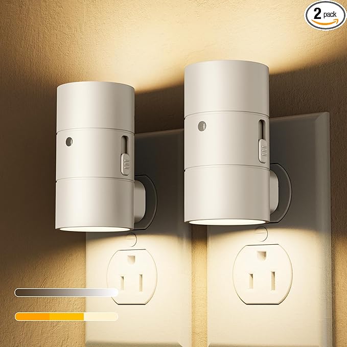 VOLISUN Night Light, Dimmable Led Night Lights Plug into Wall, Amber/3000K/4500K, 0-100LM Adjustable Brightness, Dusk to Dawn Nightlight for Hallway, Bathroom, Bedroom White 2 Pack