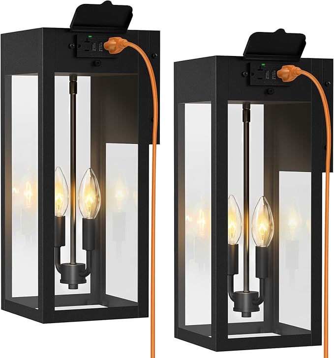 2-Pack 17.87" Extra Large Outdoor Wall Lights with GFCI Outlet, Black 2-Light Porch Lights Outdoor, Waterproof Exterior Lamp with E12 Sockets for House, Porch, Patio, Garage